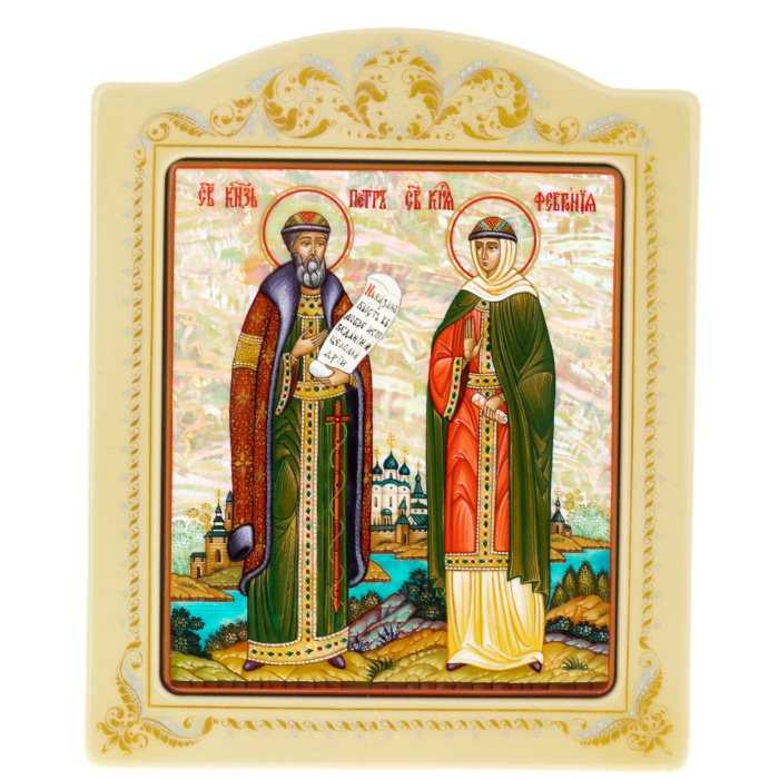 Mother-of-pearl icon "Peter and Fevronia" in an ornamental frame