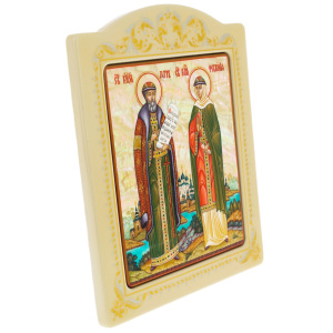 Mother-of-pearl icon "Peter and Fevronia" in an ornamental frame
