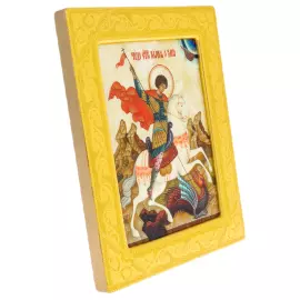 Икона "Георгий Победоносец" на натуральном перламутре в золотой раме