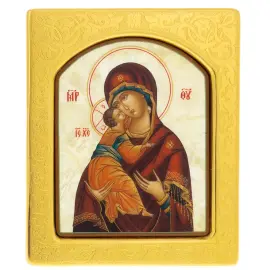 Икона с перламутром "Владимирская Богоматерь" в золотой раме с чеканкой