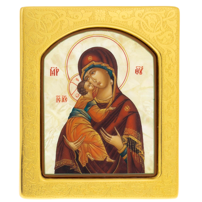 Mother-of-pearl icon of the Vladimir Mother of God in a gold frame with embossing