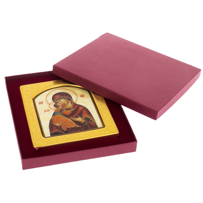 Mother-of-pearl icon of the Vladimir Mother of God in a gold frame with embossing