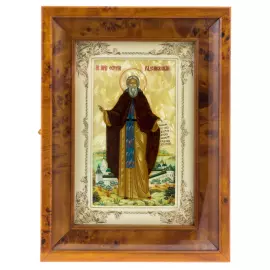 Икона "Сергий Радонежский" на натуральном перламутре в киоте и белой раме