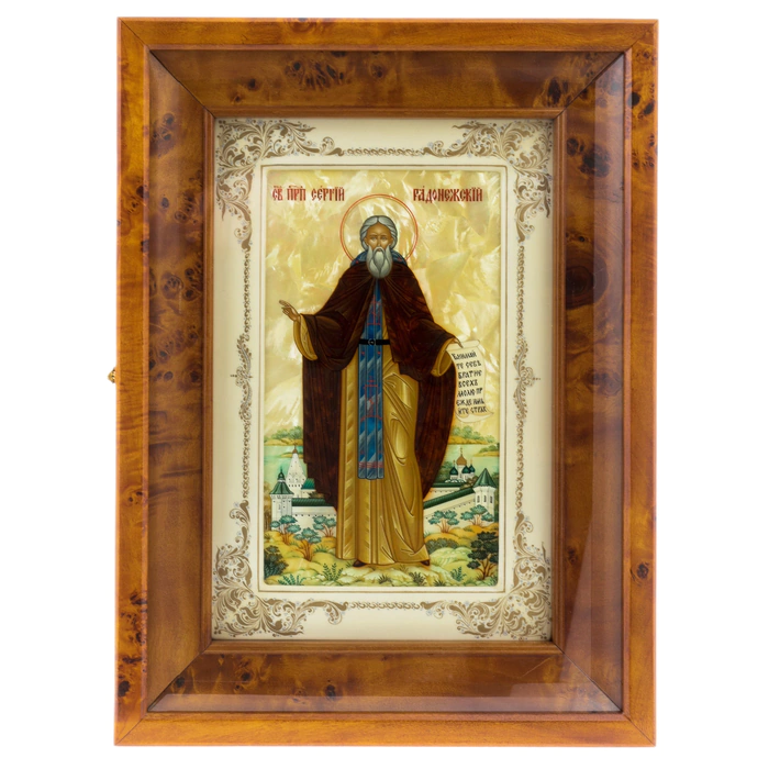 The icon "Sergius of Radonezh" on natural mother-of-pearl in a kiosk and a white frame