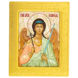 Икона на натуральном перламутре "Ангел Хранитель" в золотой раме и чеканкой