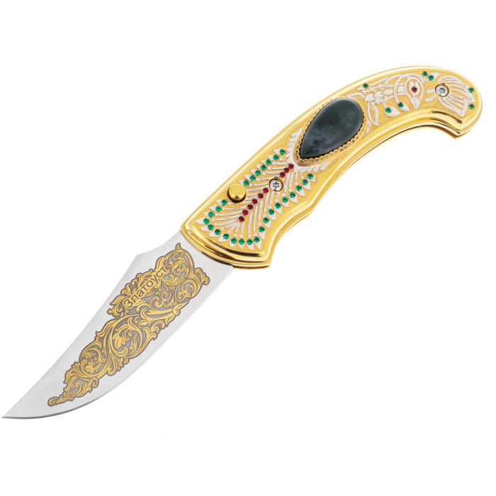 Folding knife on a stand made of green jasper