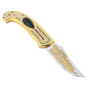 Folding knife on a stand made of green jasper