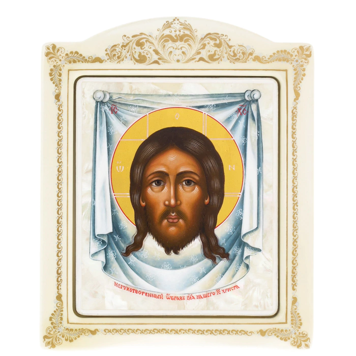 Icon on natural mother-of-pearl "Saved by Man-made" in a white frame