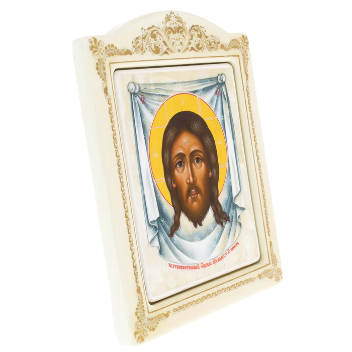 Icon on natural mother-of-pearl "Saved by Man-made" in a white frame