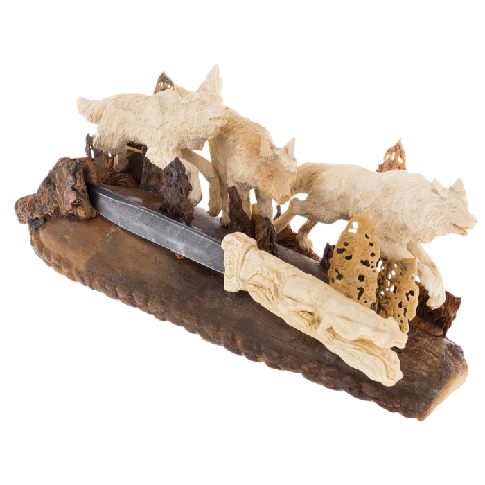 Mammoth tusk sculpture "Wolves" with a knife