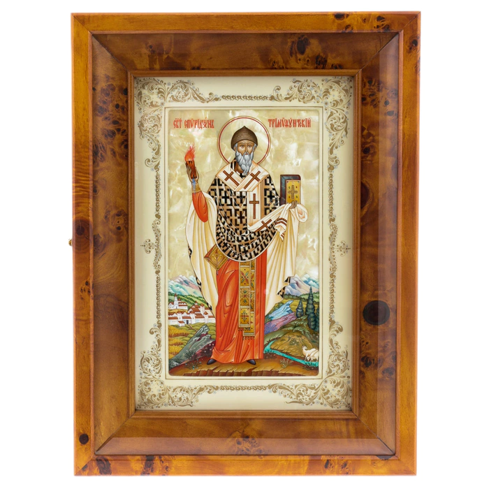Icon on natural mother-of-pearl "Spyridon of Trimifunt" in a kiosk and a white frame