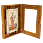 Icon on natural mother-of-pearl "Spyridon of Trimifunt" in a kiosk and a white frame