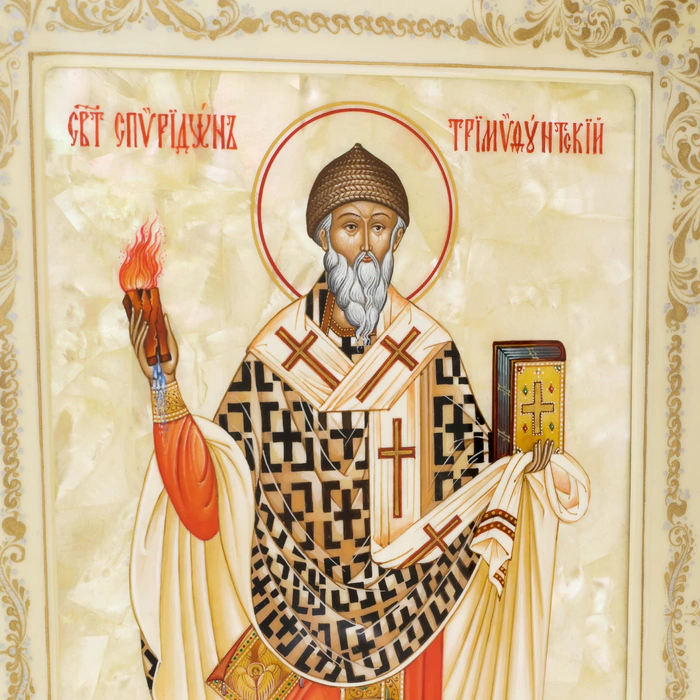 Icon on natural mother-of-pearl "Spyridon of Trimifunt" in a kiosk and a white frame