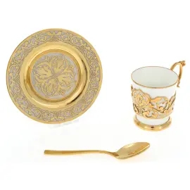 Набор кофейный на 2 персоны, чашка, подстакан, ложка, блюдце, Златоуст