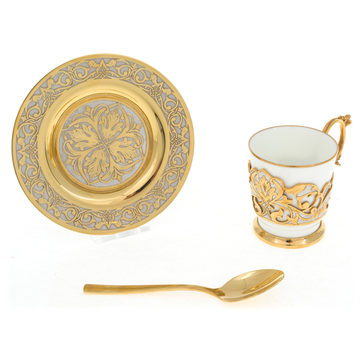 Coffee set for 2 persons, cup, cup holder, spoon, saucer, Zlatoust