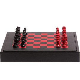 Exclusive Buffalo leather chess set in red and black