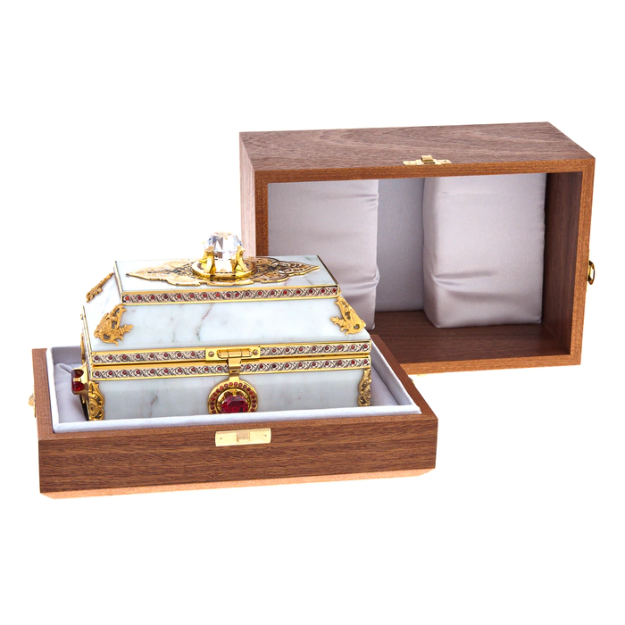 Casket "Good harvest" white marble, Zlatoust