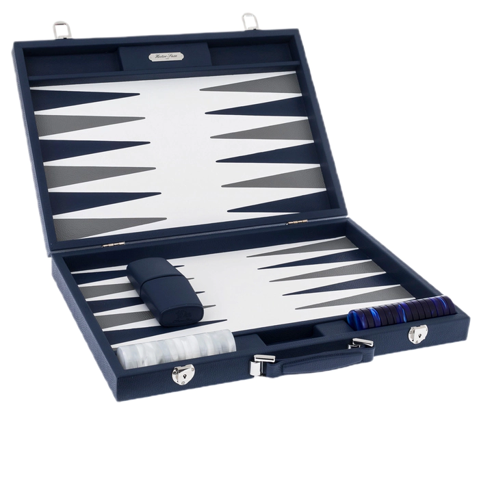 Exclusive backgammon set "Baptiste" made of leather, blue and white