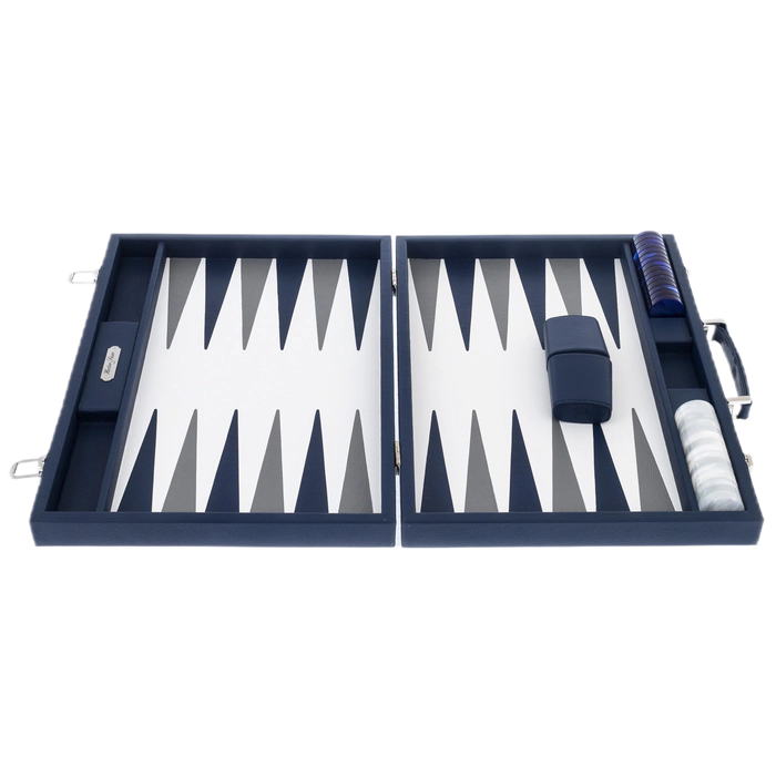 Exclusive backgammon set "Baptiste" made of leather, blue and white