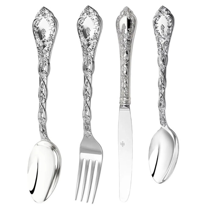 Silver-plated table set "Grapevine" : fork, spoon, knife, teaspoon, for 12 people, 48 items