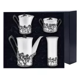 Серебряный набор для кофе "Розалия": ваза, кофейник, сахарница, сливочник