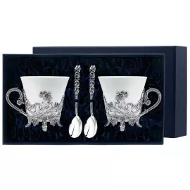 Набор чайных чашек из серебра и фарфора "Цветочная"новая: ложка, чашка, на 2 персоны