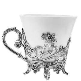 Набор чайных чашек из серебра и фарфора "Цветочная"новая: ложка, чашка, на 2 персоны