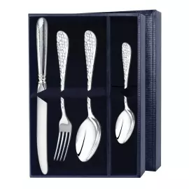 Серебряный столовый набор "Эгоист. Капелька": вилка, ложка, чайная ложка, нож, на 1 персону, ковка