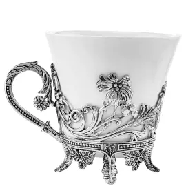 Серебряная чайная пара "Цветочная" новая ; чашка, ложка чайная, на 1 персону