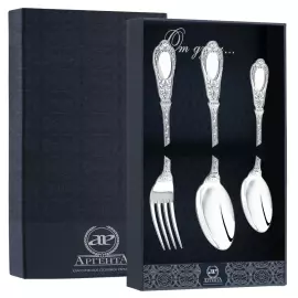 Серебряный десертный набор "Фамильный" 3 предмета: ложка, вилка, ложка чайная, на 1 персону