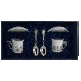 Набор кофейных чашек из серебра и фарфора "Глухарь": блюдце, ложка, чашка, на 2 персоны