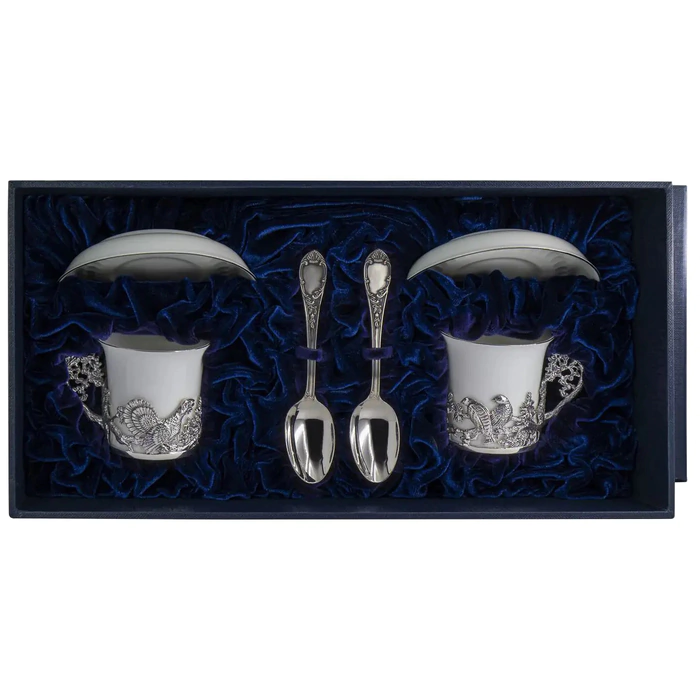 Set of coffee cups made of silver and porcelain "Capercaillie": saucer, spoon, cup, for 2 persons