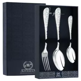 Серебряный столовый набор "Капелька" : вилка, ложка, чайная ложка, на 1 персону, ковка