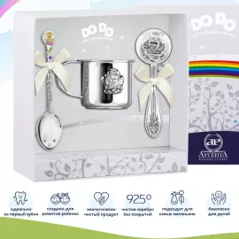 Серебряный набор для девочки DODO "Ангел": кружка, погремушка, ложка с позолотой и с эмалью, на 1 персону