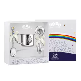 Серебряный набор для мальчика DODO "Ангел": кружка, погремушка, ложка с позолотой и с эмалью