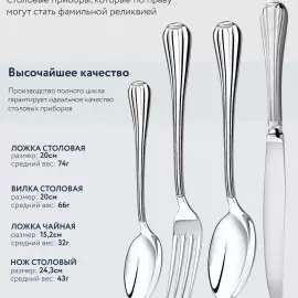 Серебряный столовый набор"Меридиан": вилка, ложка, нож, чайная ложка, на 12 персон, 48 предметов