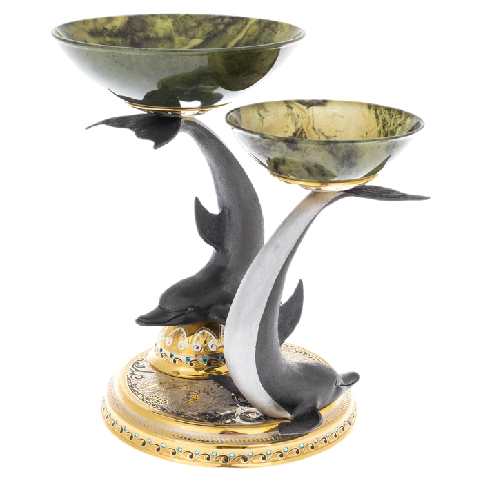 Malachite candy bowl "Two dolphins" Zlatoust