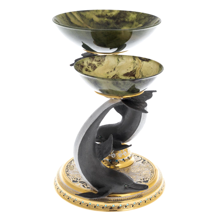 Malachite candy bowl "Two dolphins" Zlatoust