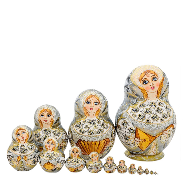 Basswood matryoshka "Vasilina" for 15 seats, gray