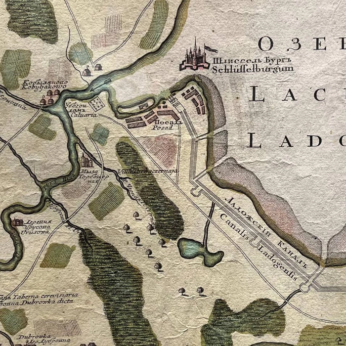 Map of the course of the Neva River from Lake Ladoga to St. Petersburg