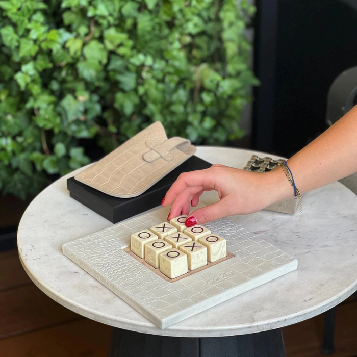 Exclusive board game "Tic Tac Toe" made of leather, beige