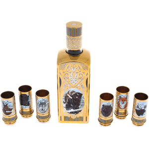 Vodka set with enamel "Hunting" for 6 people, Zlatoust