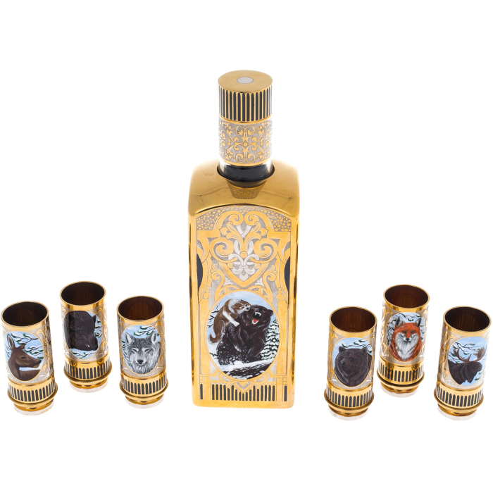 Vodka set with enamel "Hunting" for 6 people, Zlatoust