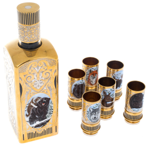 Vodka set with enamel "Hunting" for 6 people, Zlatoust