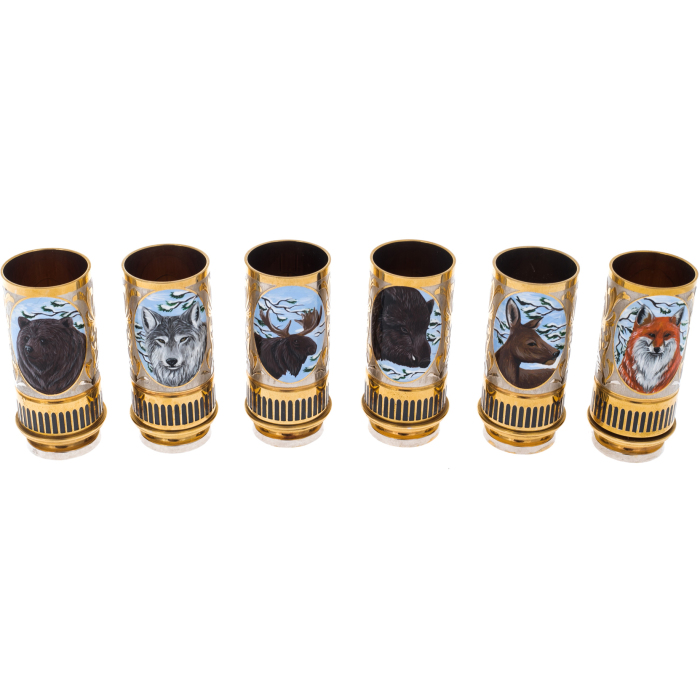 Vodka set with enamel "Hunting" for 6 people, Zlatoust
