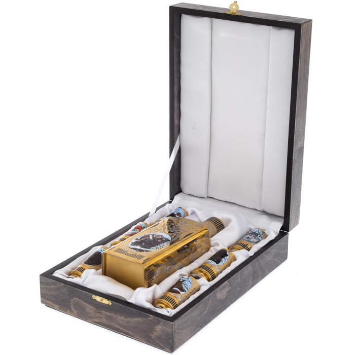 Vodka set with enamel "Hunting" for 6 people, Zlatoust