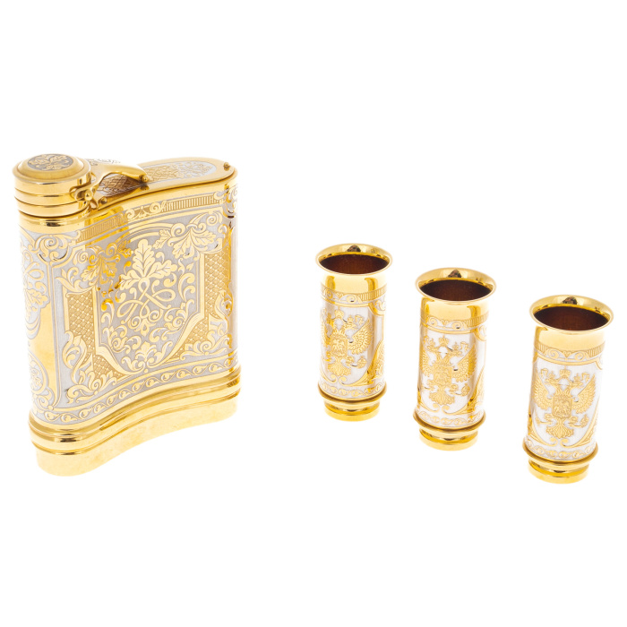 Vodka set with a flask "Coat of Arms of the Russian Federation" for 3 persons, Zlatoust