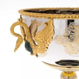 Ваза для конфет "Лебеди" на подставке из змеевика, Златоуст