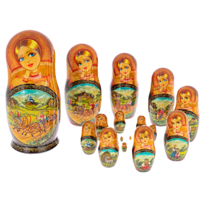 Linden matryoshka doll "Summer Troika" with 20 seats