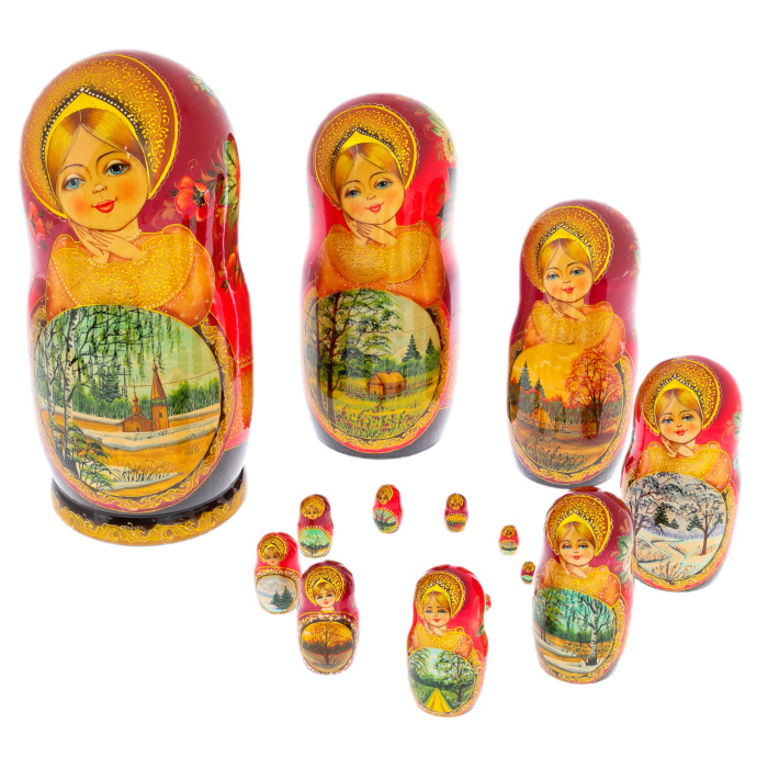 Linden matryoshka doll "Nature - poppies" with 15 seats